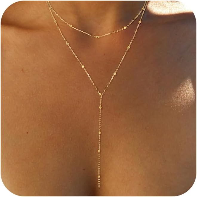 Foxgirl  Long Necklace 14k Gold Plated/Silver Y-Shaped Pendant Necklace Trendy Layered  Beaded Chain Drop Necklaces