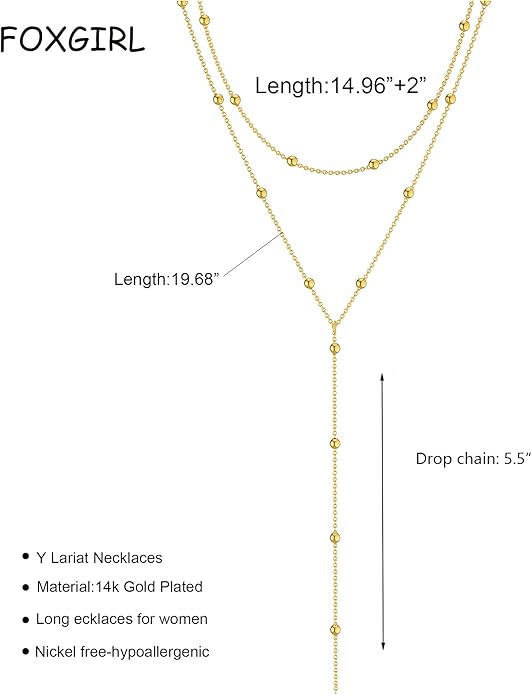 Foxgirl  Long Necklace 14k Gold Plated/Silver Y-Shaped Pendant Necklace Trendy Layered  Beaded Chain Drop Necklaces