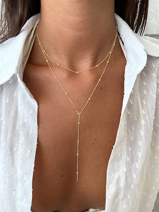 Foxgirl  Long Necklace 14k Gold Plated/Silver Y-Shaped Pendant Necklace Trendy Layered  Beaded Chain Drop Necklaces