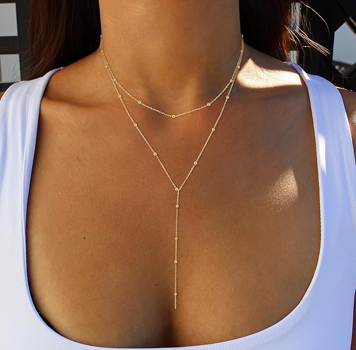 Foxgirl  Long Necklace 14k Gold Plated/Silver Y-Shaped Pendant Necklace Trendy Layered  Beaded Chain Drop Necklaces
