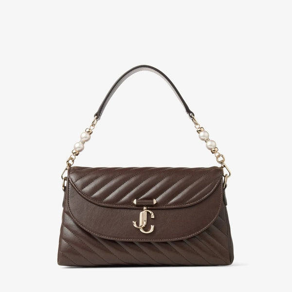 Curve Top Handle  Brown Quilted Biker Leather Shoulder Bag with Pearl Embellishments