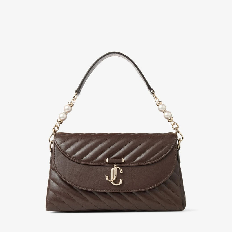 Curve Top Handle  Brown Quilted Biker Leather Shoulder Bag with Pearl Embellishments
