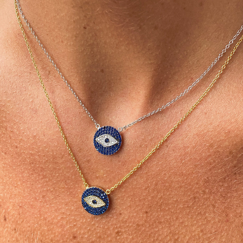 Sapphire Blue Evil Eye Disc Necklace